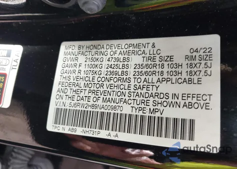 2022 Honda Cr-V Awd Ex-L из США, поврежденный, VIN 5J6RW2H89NA009870